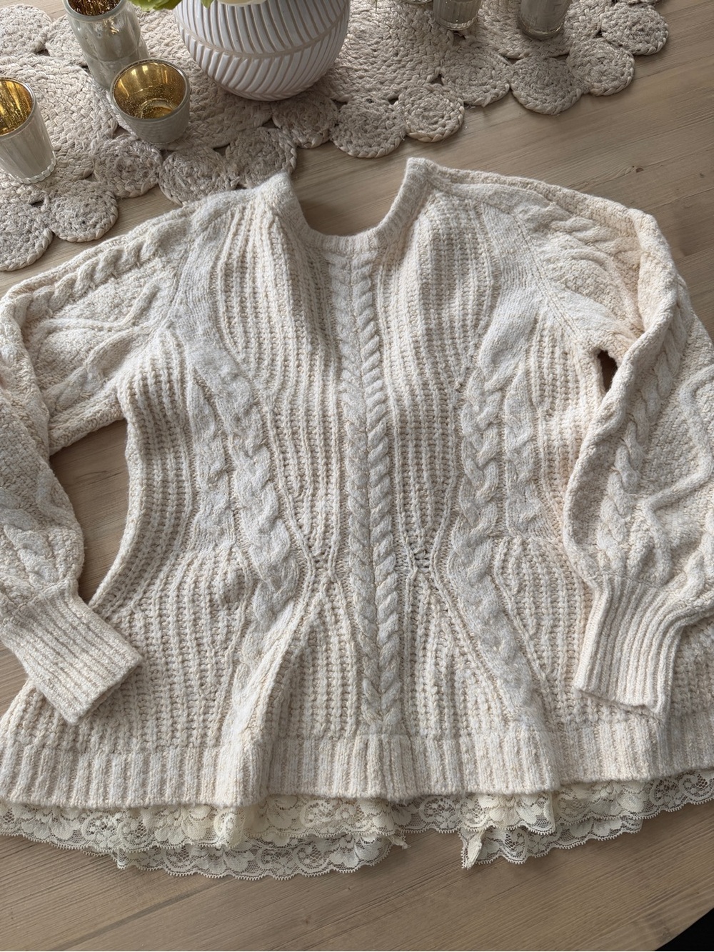 Anthropologie Cream Cable-Knit Lace-Hem Open Back Sweater - Size S
